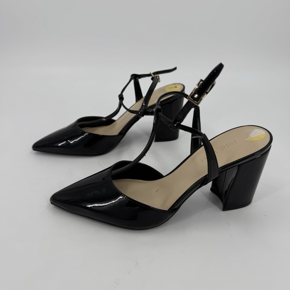 Nine West Womens Size 7M Black Patent Pointed Toe T-Strap Block Heel Pumps